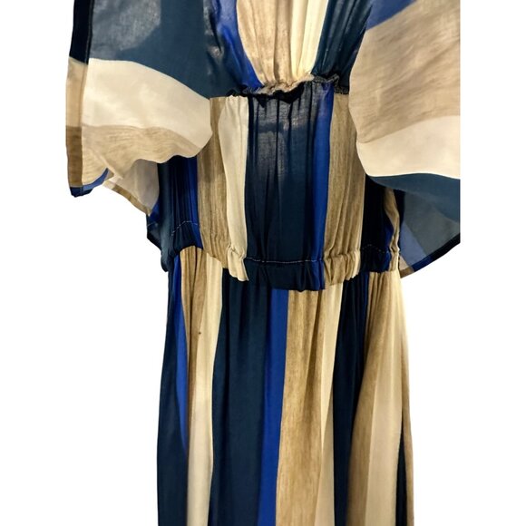 👗 2/$30 👗 Blue & Tan Striped Italian Off Shoulder Above Knee Length Dress sz M - Picture 3 of 9